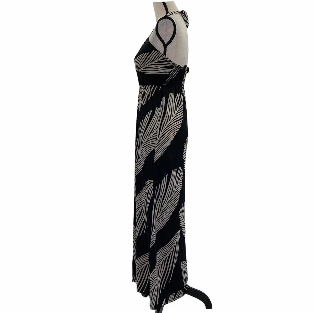 SHEN Jie Black Feather Printed Halter Maxi Dress